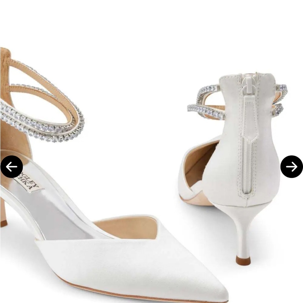 Badgley Mischka White Pointed-Toe Rhinestone Ankle-Strap Heels